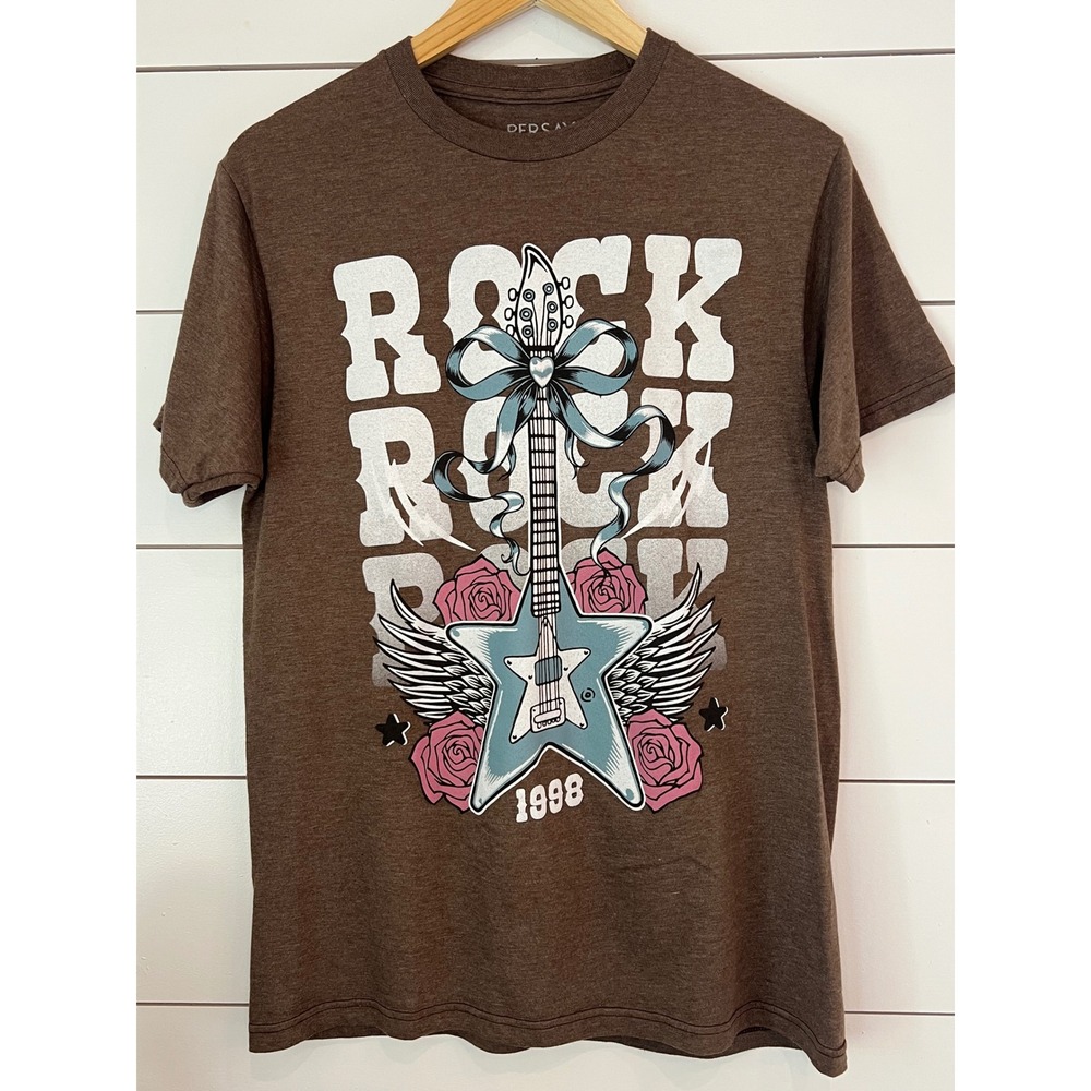 Persaya Rock Graphic Tee Brown Cotton Short Sleeve Medium indie sleaze y2k